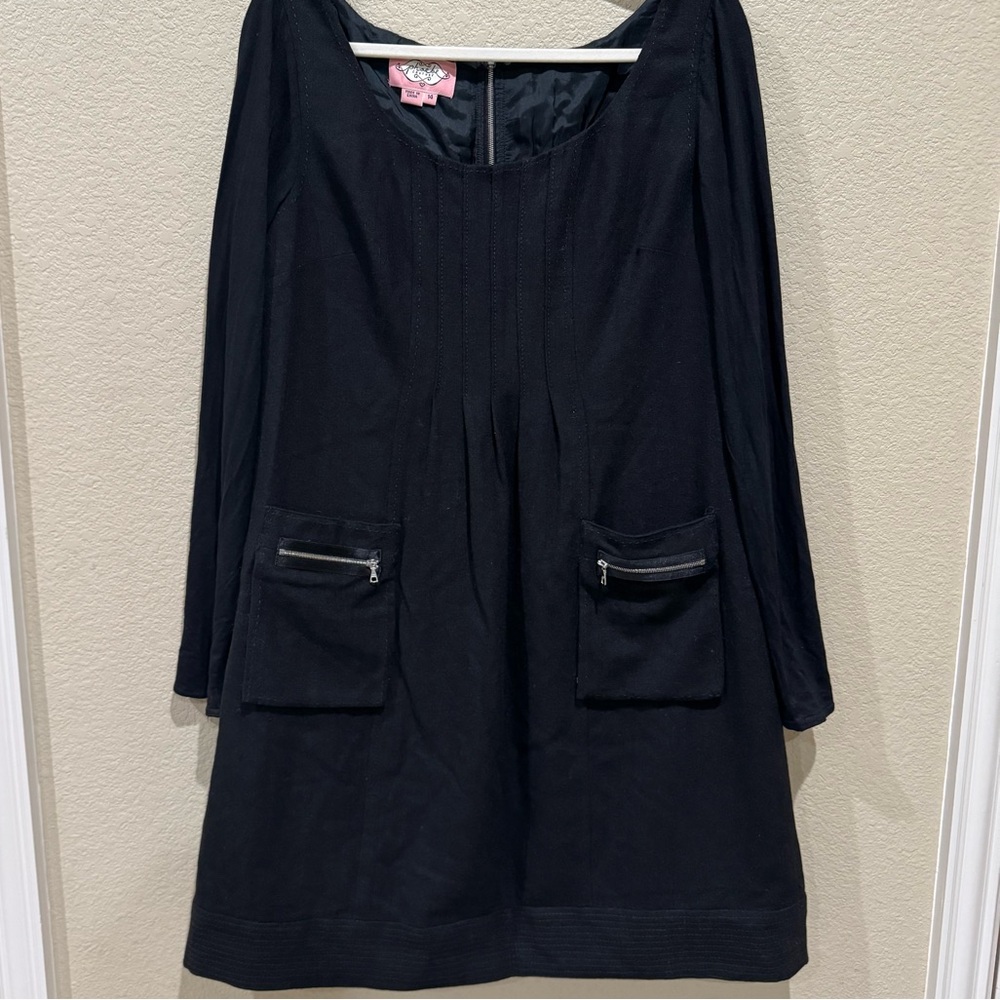Phoebe Couture Black Wool Blend Long Sleeve Dress w/ Pockets Size 14